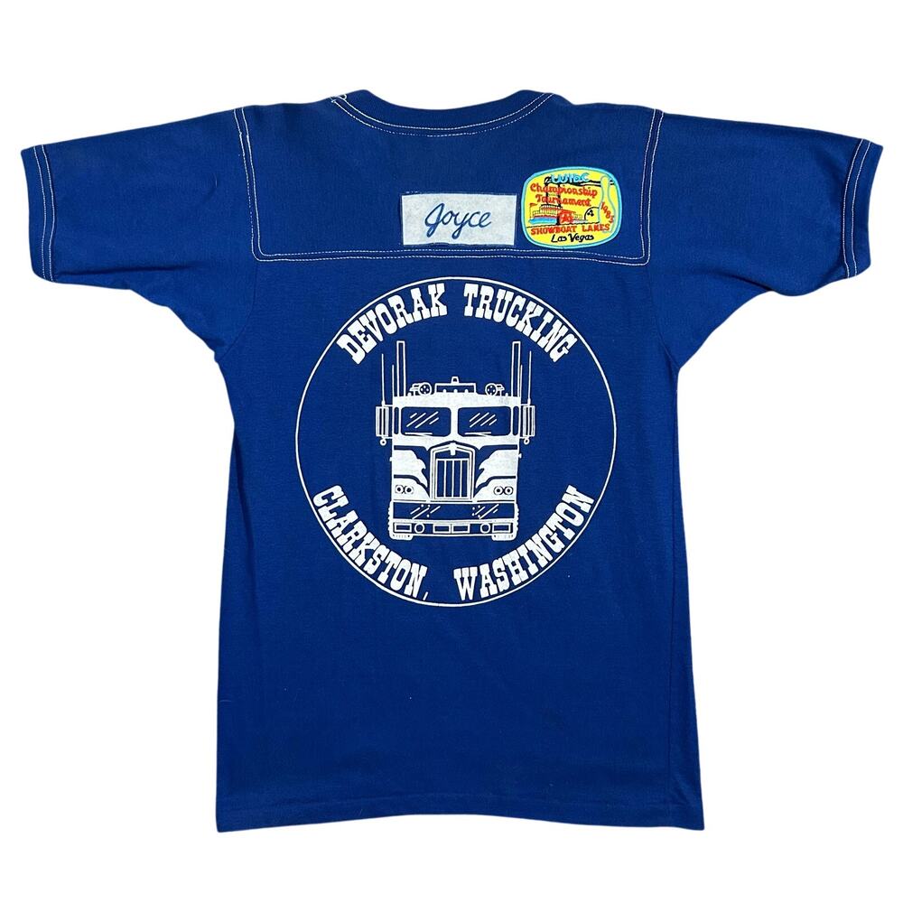 Vintage 80s Bowling T-Shirt Men’s Medium Patches Blue Single Stitch USA